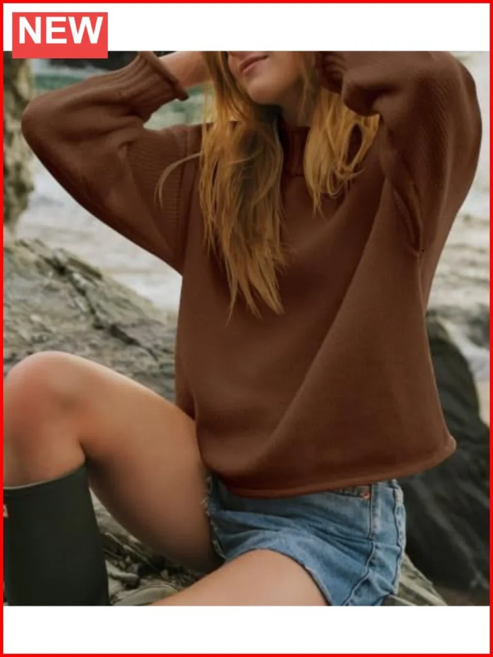 Oversized Mock Neck Chunky Knit Cotton Pullover Sweater